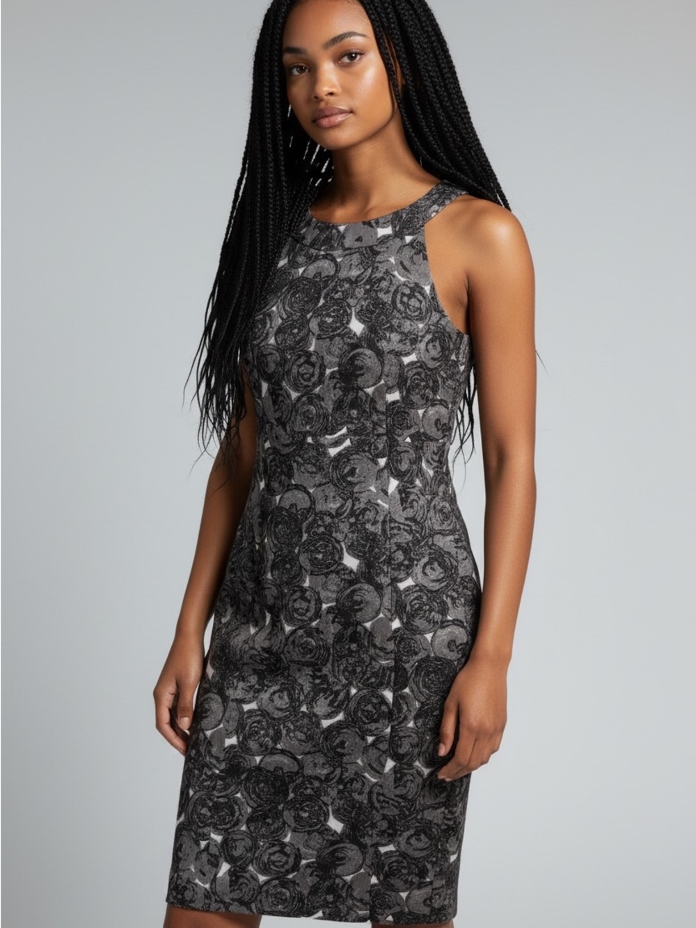 Jacob Gray and Black Floral Midi Sheath Dress, Lined, Stretch
